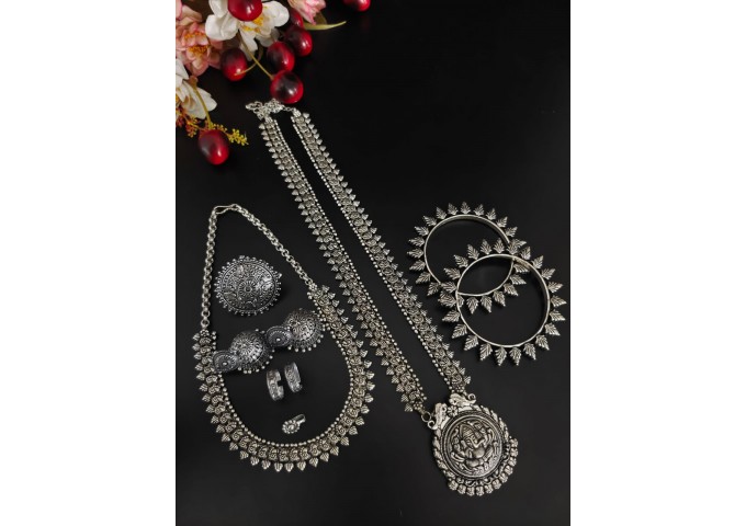 Oxidised Silver Jewellery Stylish Antique Long Necklace Set 1