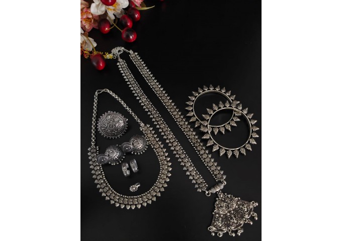 Oxidised Silver Jewellery Stylish Antique Long Necklace Set 2