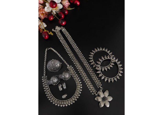 Oxidised Silver Jewellery Stylish Antique Long Necklace Set 3