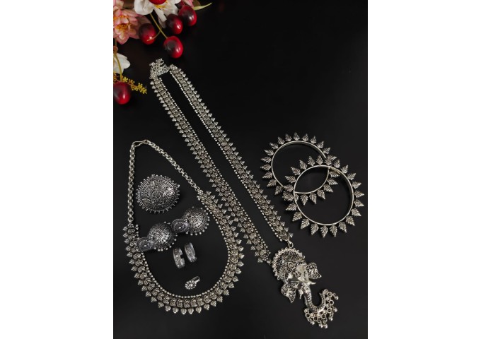 Oxidised Silver Jewellery Stylish Antique Long Necklace Set 4