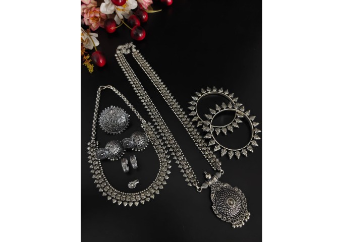 Oxidised Silver Jewellery Stylish Antique Long Necklace Set 5