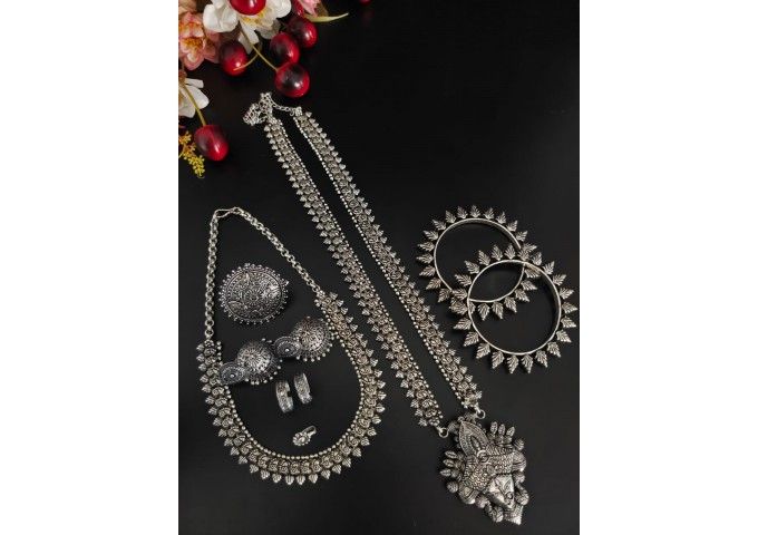 Oxidised Silver Jewellery Stylish Antique Long Necklace Set 7