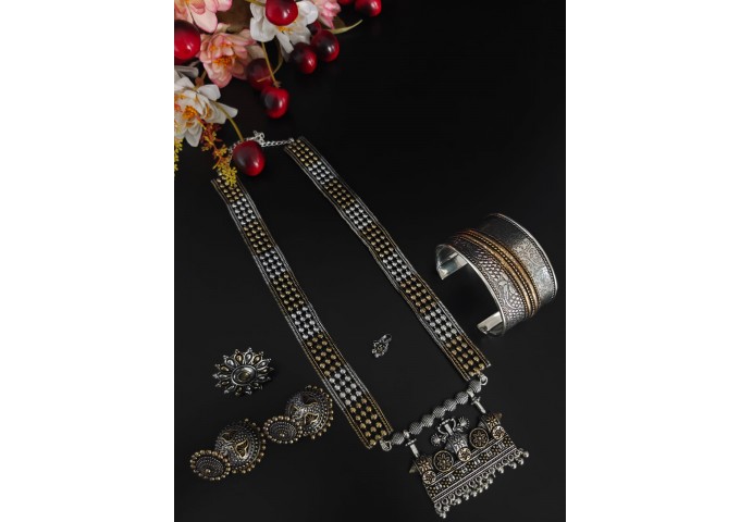 Oxidised Silver Jewellery Stylish Antique Long Necklace Set 8