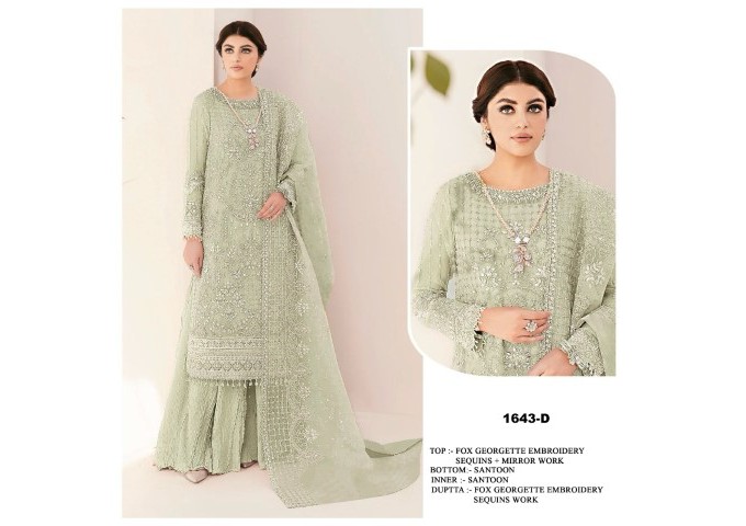 DN 1643  Heavy Fox Georgette With Heavy Embroidery Sequence Work Suit Light Green