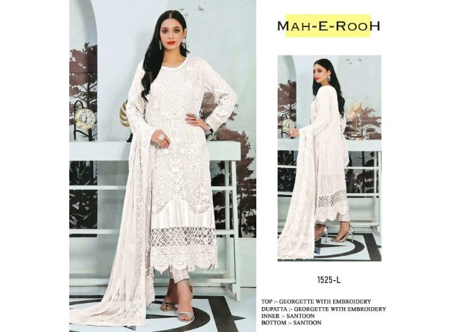 DN 1525 Heavy Faux Georgette with 3mm Sequence Embroidered work & khatli work Suit Plazzo White