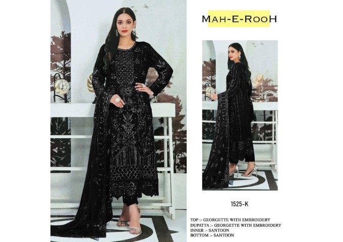 DN 1525 Heavy Faux Georgette with 3mm Sequence Embroidered work & khatli work Suit Plazzo Black