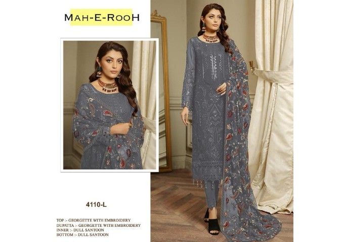 Mah E Room DN 4110 Heavy Faux Georgette with 3mm Sequence Embroidered work & khatli work Suit Plazzo Grey
