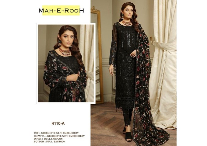 Mah E Room DN 4110 Heavy Faux Georgette with 3mm Sequence Embroidered work & khatli work Suit Plazzo Black