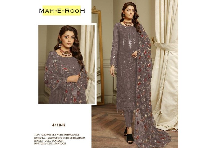 Mah E Room DN 4110 Heavy Faux Georgette with 3mm Sequence Embroidered work & khatli work Suit Plazzo Light Grey
