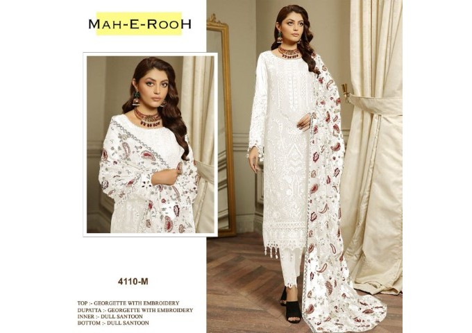 Mah E Room DN 4110 Heavy Faux Georgette with 3mm Sequence Embroidered work & khatli work Suit Plazzo White