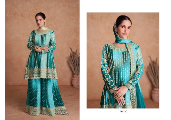 Gulkayra Designer Vaani heavy Real chinon With Embroidery sequence work Salwar Kameez Suit Sky Blue