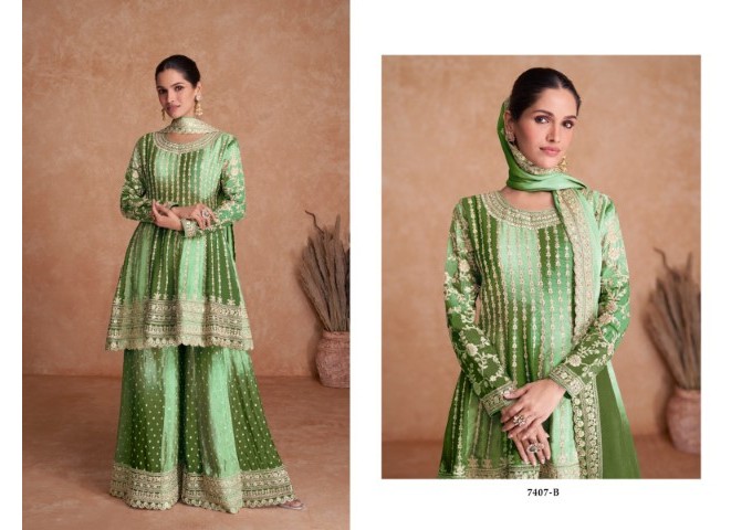 Gulkayra Designer Vaani heavy Real chinon With Embroidery sequence work Salwar Kameez Suit Green