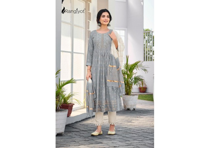 Rangmanch Vol 2 Heavy Rayon 14 Kg With Gold Print And Hand Work Grey