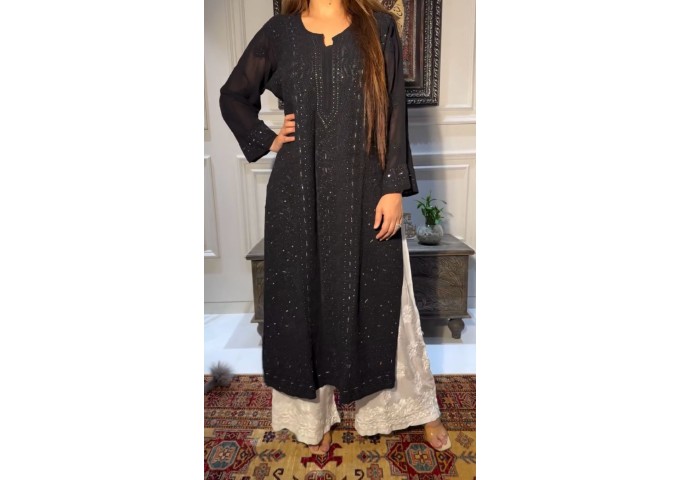 LFH BE DN 336 TRENDING KURTA PLAZZO SET WITH  EMBROIDERY AND FOIL THREAD WORK BLACK