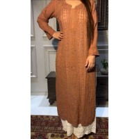 LFH BE DN 336 TRENDING KURTA PLAZZO SET WITH  EMBROIDERY AND FOIL THREAD WORK BROWN