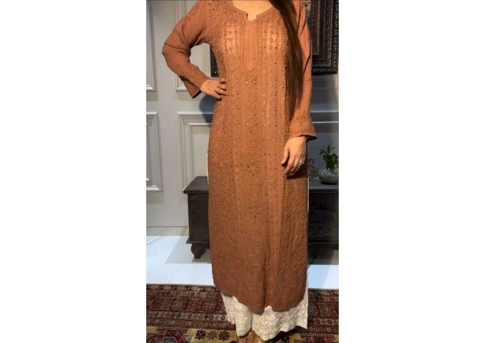 LFH BE DN 336 TRENDING KURTA PLAZZO SET WITH  EMBROIDERY AND FOIL THREAD WORK BROWN
