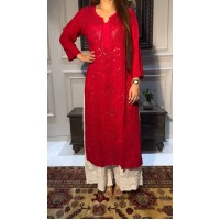 LFH BE DN 336 TRENDING KURTA PLAZZO SET WITH  EMBROIDERY AND FOIL THREAD WORK RED