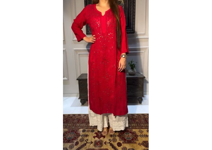LFH BE DN 336 TRENDING KURTA PLAZZO SET WITH  EMBROIDERY AND FOIL THREAD WORK RED