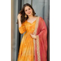 LFH DN 5097 DESIGNER ANARKALI GOWN CHINON WITH EMBROIDERY WORK ORANGE|RED