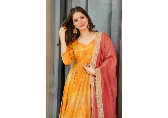 LFH DN 5097 DESIGNER ANARKALI GOWN CHINON WITH EMBROIDERY WORK ORANGE|RED