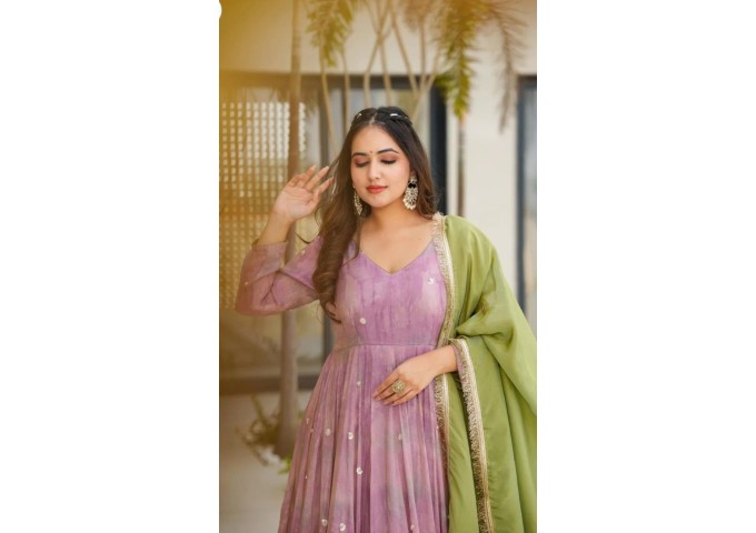 LFH DN 5097 DESIGNER ANARKALI GOWN CHINON WITH EMBROIDERY WORK PINK