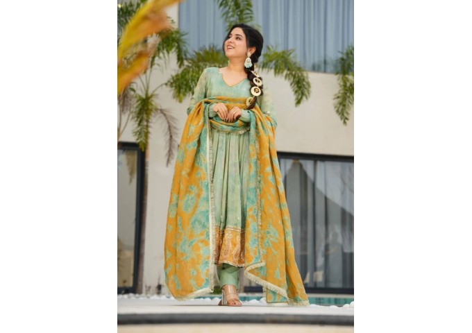 LFH DN 5097 DESIGNER ANARKALI GOWN CHINON WITH EMBROIDERY WORK GREEN 2