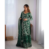 LFH LG DN 1923 FANCY FAUX GEORGETTE WITH SEQUENCE EMBROIDERED AND ORIGINAL MOTTI HANDMADE WORK TOP AND PENT WITH DUPATTA GREEN
