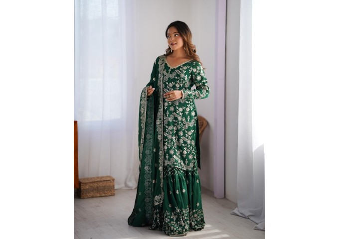 LFH LG DN 1923 FANCY FAUX GEORGETTE WITH SEQUENCE EMBROIDERED AND ORIGINAL MOTTI HANDMADE WORK TOP AND PENT WITH DUPATTA GREEN