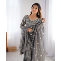LFH LG DN 1923 FANCY FAUX GEORGETTE WITH SEQUENCE EMBROIDERED AND ORIGINAL MOTTI HANDMADE WORK TOP AND PENT WITH DUPATTA GREY