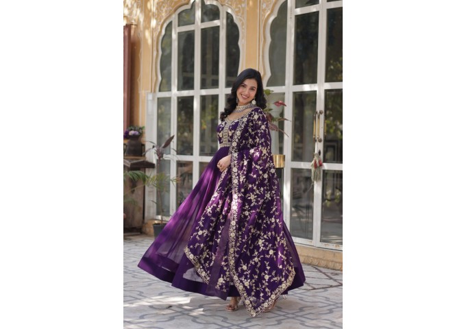 DN 9224 Anarkali Gown With Embroidery Work Purple