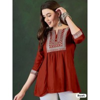 Designer Rayon Tunic Tops with Embroidery Work Maroon