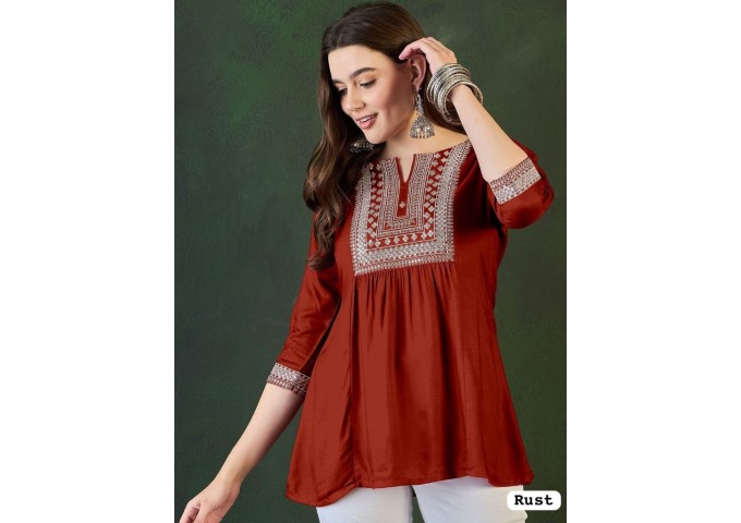Designer Rayon Tunic Tops with Embroidery Work Maroon