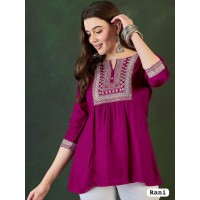 Designer Rayon Tunic Tops with Embroidery Work Purple