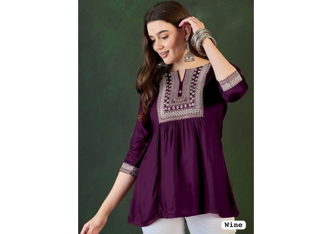 Designer Rayon Tunic Tops with Embroidery Work Multi Color