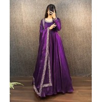 Festival & Party Wear Gown Heavy Fendy Silk Gown With Beautiful Embroidery Work and Dupatta Set Purple