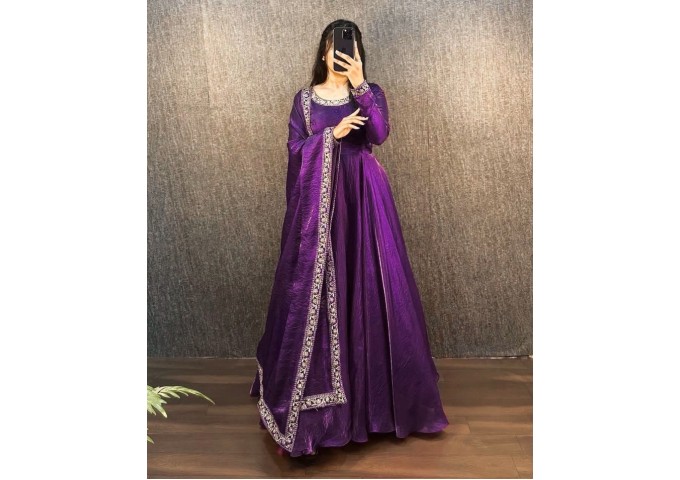 Festival & Party Wear Gown Heavy Fendy Silk Gown With Beautiful Embroidery Work and Dupatta Set Purple