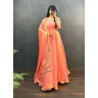 Festival & Party Wear Gown Heavy Fendy Silk Gown With Beautiful Embroidery Work and Dupatta Set Orange