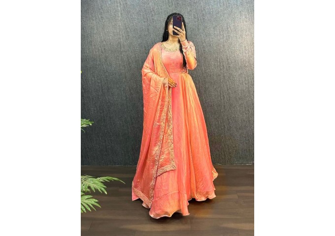 Festival & Party Wear Gown Heavy Fendy Silk Gown With Beautiful Embroidery Work and Dupatta Set Orange