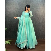 Festival & Party Wear Gown Heavy Fendy Silk Gown With Beautiful Embroidery Work and Dupatta Set Parrot Green