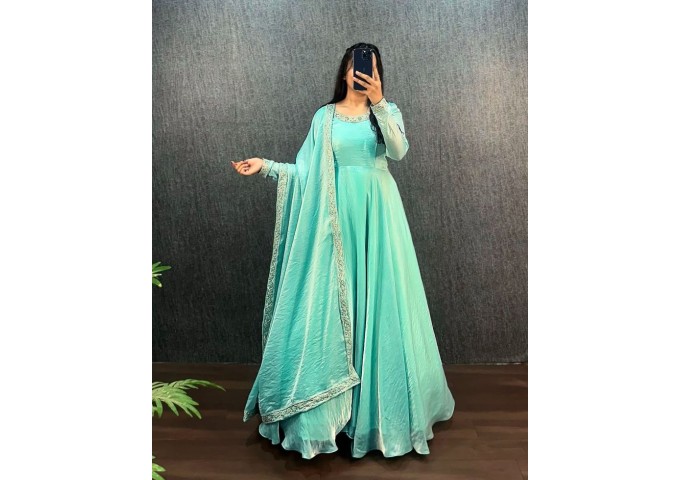Festival & Party Wear Gown Heavy Fendy Silk Gown With Beautiful Embroidery Work and Dupatta Set Parrot Green