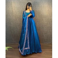 Festival & Party Wear Gown Heavy Fendy Silk Gown With Beautiful Embroidery Work and Dupatta Set Blue