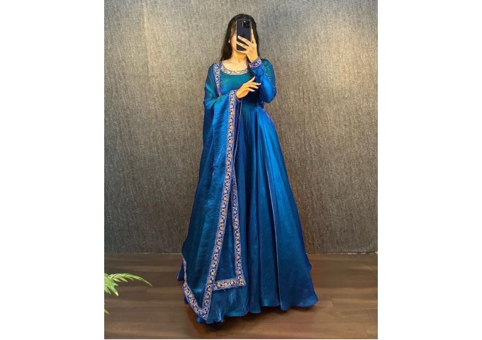 Festival & Party Wear Gown Heavy Fendy Silk Gown With Beautiful Embroidery Work and Dupatta Set Blue