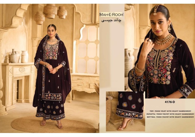 VELVET SALWAR KAMEEZ PALAZZO SUITS WITH EMBROIDERY AND BITS WORK AND HANDWORK DN 5176 3