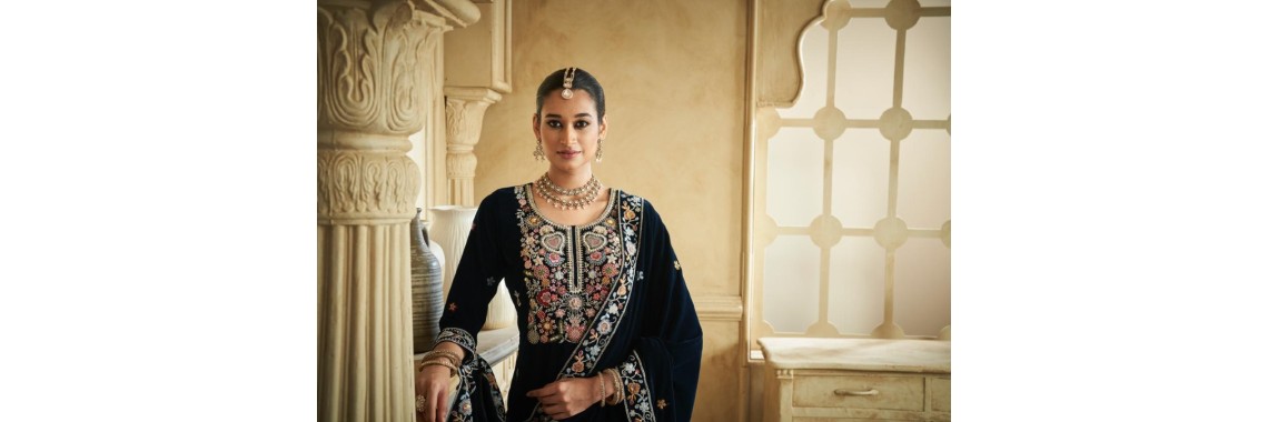 VELVET SALWAR KAMEEZ PALAZZO SUITS WITH EMBROIDERY 