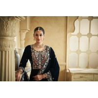 VELVET SALWAR KAMEEZ PALAZZO SUITS WITH EMBROIDERY AND BITS WORK AND HANDWORK DN 5176 DARK BLUE