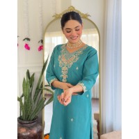 Maria Designer Viscose Chanderi 3 Pices Kurti Set Shine Blue