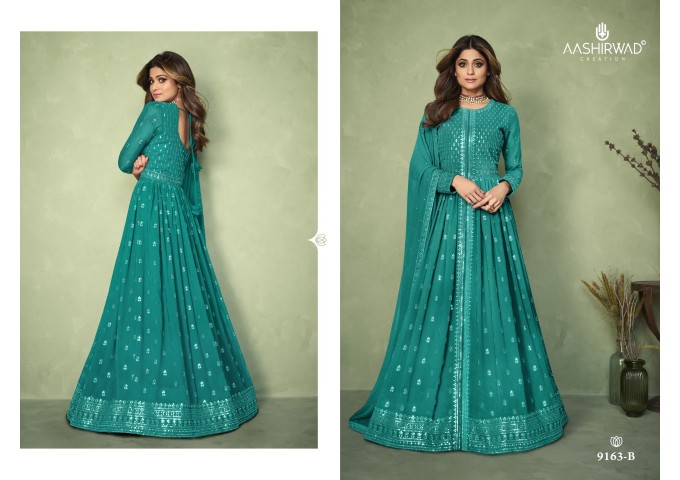 Aashirwad Aadhiya DN 9163 Heavy Fox Georgette with Embroidery Sequence Work With Back Side Full Work Green