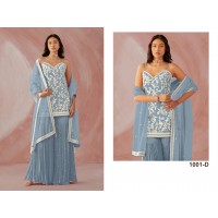 CAPRI DN 1001 HEAVY FOX GEORJET WITH EMROIDERY COTTON WORK WITH 3mm RAINBOW SIQVANCE WORK PALAZZO SUIT SKY BLUE