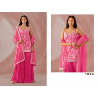 CAPRI DN 1001 HEAVY FOX GEORJET WITH EMROIDERY COTTON WORK WITH 3mm RAINBOW SIQVANCE WORK PALAZZO SUIT PINK
