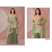 CAPRI DN 1001 HEAVY FOX GEORJET WITH EMROIDERY COTTON WORK WITH 3mm RAINBOW SIQVANCE WORK PALAZZO SUIT GREEN